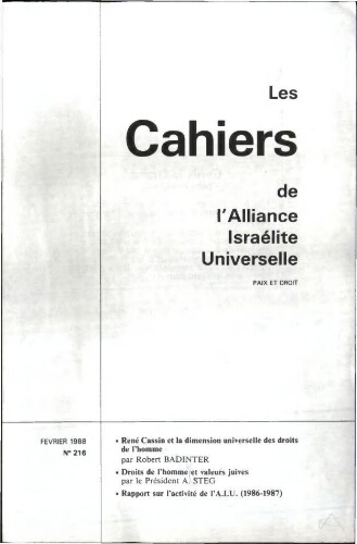 Les Cahiers de l'Alliance Israélite Universelle (Paix et Droit).  N°216 (01 févr. 1988)